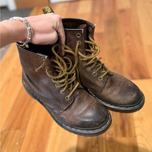 Dr. Martens Brown Leather Lace-Up Boots with Gold-Tone Laces